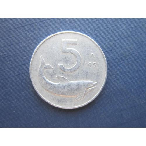 Монета 5 лир Италия 1951 фауна дельфин