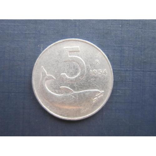 Монета 5 лир Италия 1954 фауна дельфин