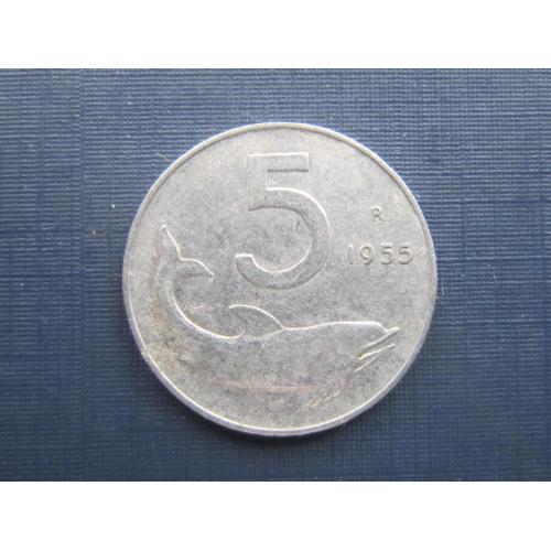 Монета 5 лир Италия 1955 фауна дельфин