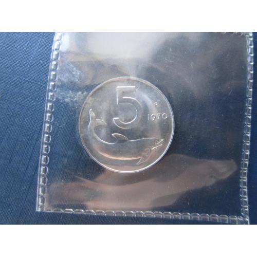 Монета 5 лир Италия 1970 фауна дельфин UNC запайка из набора