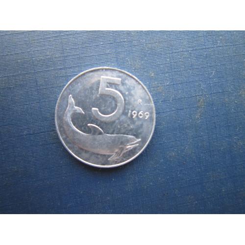 Монета 5 лір Італія 1969 фауна дельфін