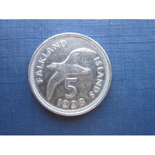 Монета 5 пенсов Фолклендские острова Фолкленды Британские 1998 фауна птица чайка маленькая