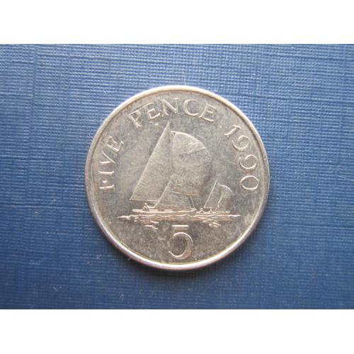 Монета 5 пенсов Гернси Великобритания 1990 корабль парусник яхта