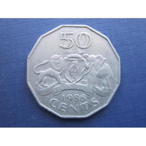 Монета 50 центов Свазиленд 1986 фауна лев слон
