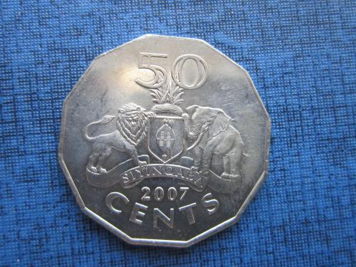 Монета 50 центов Свазиленд 2007 фауна слон лев состояние