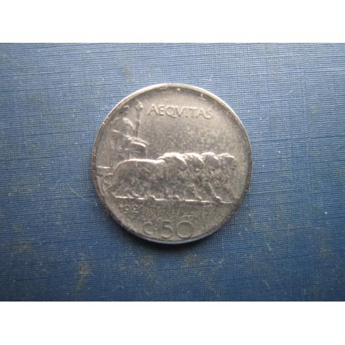 Монета 50 чентезімі Італія 1921 фауна лев