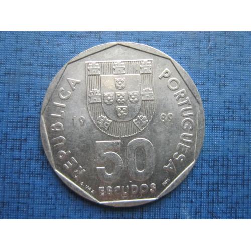 Монета 50 ишкуду Португалия 1989 корабль парусник фауна рыбы