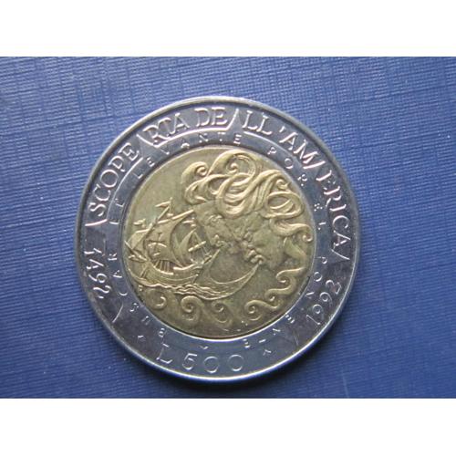 Монета 500 лир Сан-Марино 1992 Открытие Америки корабль парусник
