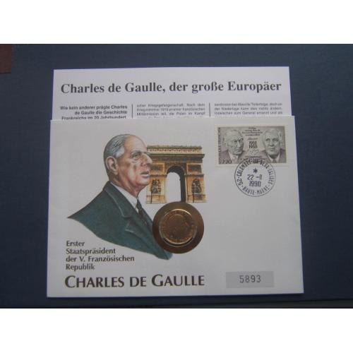 Монета конверт марка спецгашение Франция 1988 Шарль Де-Голь позолота