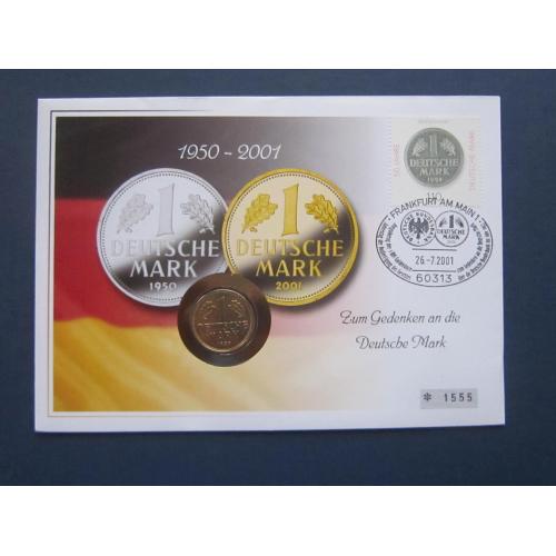 Монета конверт марка спецгашение Германия ФРГ 1 марка 1950 G позолота монета на марке