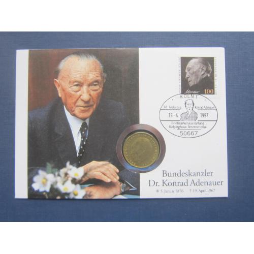 Монета конверт марка спецгашение Германия ФРГ 1975 D Конрад Аденауэр позолота одна сторона