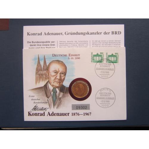 Монета конверт марка спецгашение Германия ФРГ 1987 F Конрад Аденауэр позолота