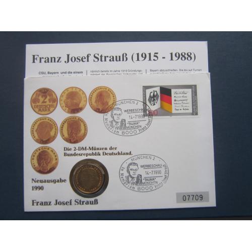 Монета конверт марка спецгашение Германия ФРГ 1990 D Франц Джозеф Страуб позолота монета на марке