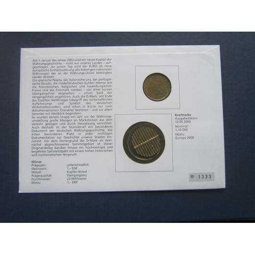 Монета конверт марка спецгашение Германия ФРГ 1992 А обычная и погашенная прессом позолота