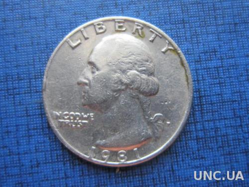 Монета квотер 25 центов США 1981
