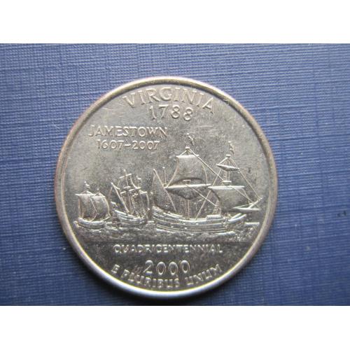 Монета квотер 25 центов США 2000 Р Вирджиния корабль парусник