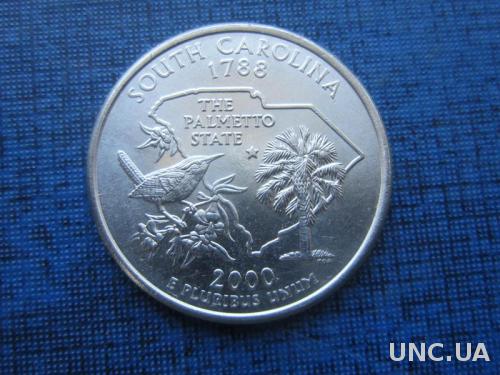 монета квотер 25 центов США 2000 Р Южная Каролина фауна птица
