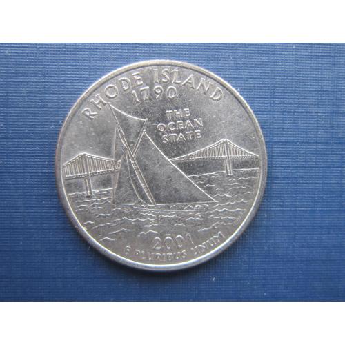 Монета квотер 25 центов США 2001 D Род Айленд корабль парусник яхта