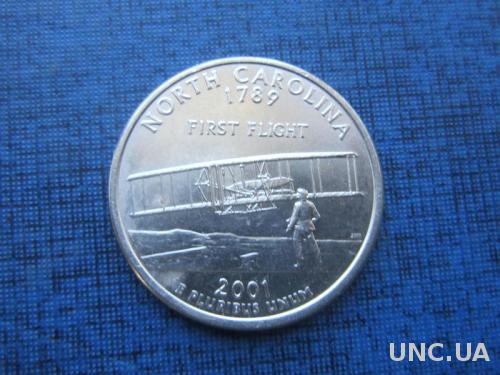 монета квотер 25 центов США 2001 D Северная Каролина самолёт
