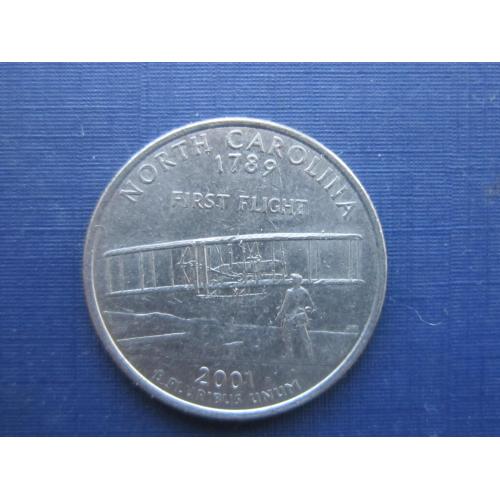 Монета квотер 25 центов США 2001 D Северная Каролина самолёт