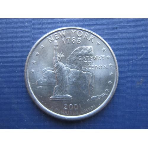 Монета квотер 25 центов США 2001 Р Нью-Йорк статуя свободы