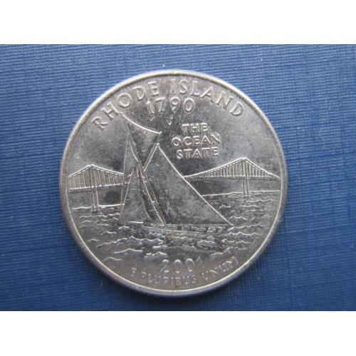 Монета квотер 25 центов США 2001 Р Род Айленд корабль парусник яхта