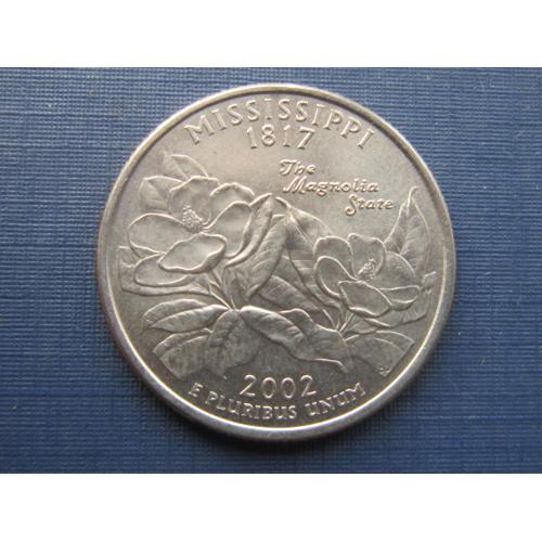 Монета квотер 25 центов США 2002 Р Миссисипи флора цветы