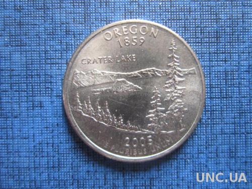 Монета квотер 25 центов США 2005 D Орегон озеро, ели
