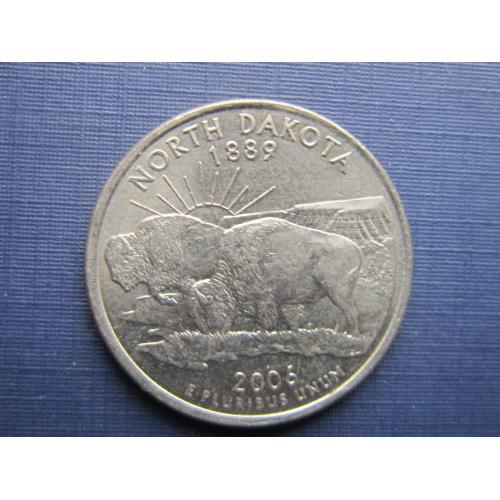 Монета квотер 25 центов США 2006 D Северная Дакота фауна бизоны