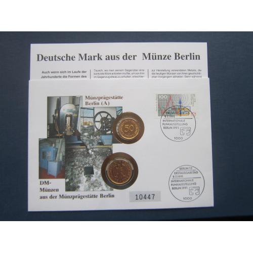 Монеты 1 марка 50 пфеннигов конверт марка спецгашение Германия ФРГ 1990 А Берлин позолота