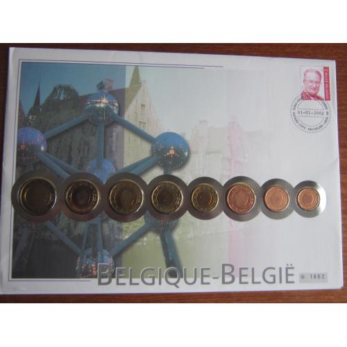 Монеты конверт марка спецгашение Бельгия 1-2-5-10-20-50 евроцентов 1-2 евро 1999-2000 UNC