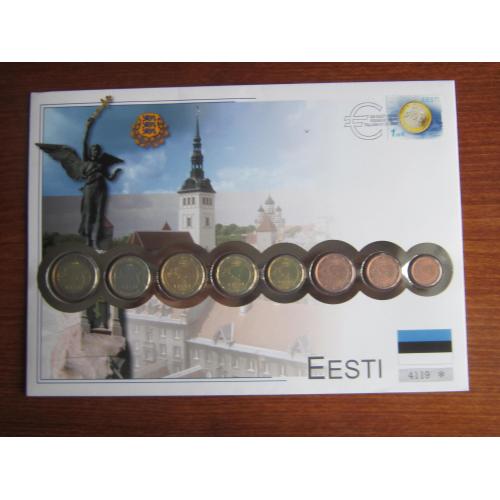 Монеты конверт марка спецгашение Эстония 1-2-5-10-20-50 евроцентов 1-2 евро 2011 UNC монеты на марке