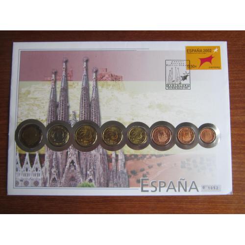Монеты конверт марка спецгашение Испания 1-2-5-10-20-50 евроцентов 1-2 евро 1999-2001 UNC