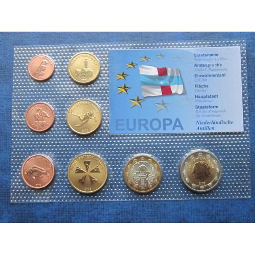 Набор монет 8 штук Нидерландские Антилы 2008 Проба Европроба фауна корабль спорт дайвинг UNC