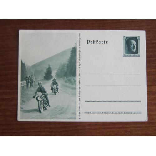 Почтовая карточка с оригинальной маркой Германия Рейх 1936 Гитлер спорт транспорт мотоцикл мотоспорт