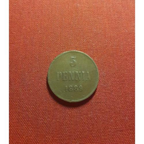 Финляндия 5 пенни 1889г. Александр III, Россия для Финляндии,хороший сохран, очень редкие