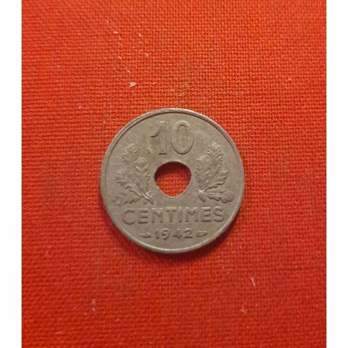 Франция 10 сантимов 1942г.Цинк,Режим Виши (État Français) (1941 - 1944) нечастый год