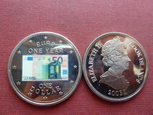 Кука острова 1 доллар 2003г. редкий,38,5мм,цветной евро-валюта 50 евро