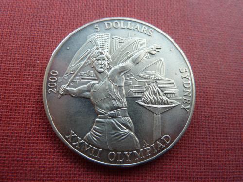 Либерия 5 долларов 2000г. XXVII Летние Олимпийские игры в Сиднее 2000 года. Метание копья.