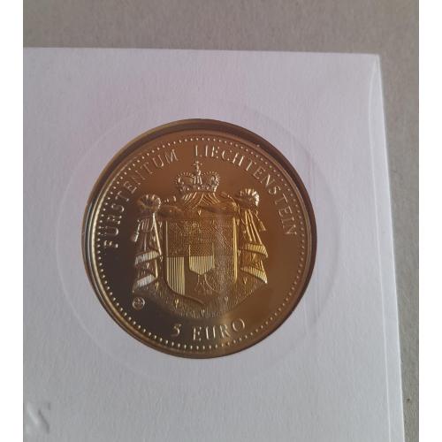 Лихтенштейн 5 евро 1998г.38.6мм,75 лет таможенному договору,КПД гашения с маркой,очень редкие