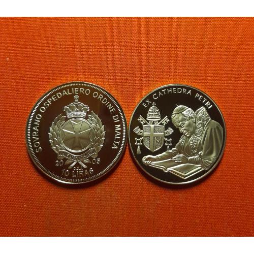 Мальтийский орден 10 лир 2005г.40мм,Proof,Иоанн Павел II /Ex cathedra petri,библия/супер редкие