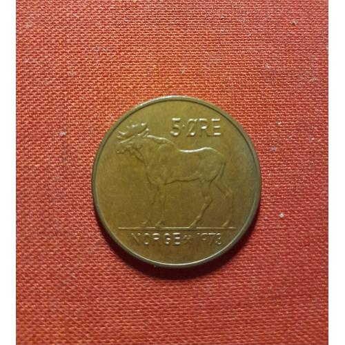 Норвегия 5 эре 1973г.Король Улаф V (1958 - 1991) Лось, нечастый год
