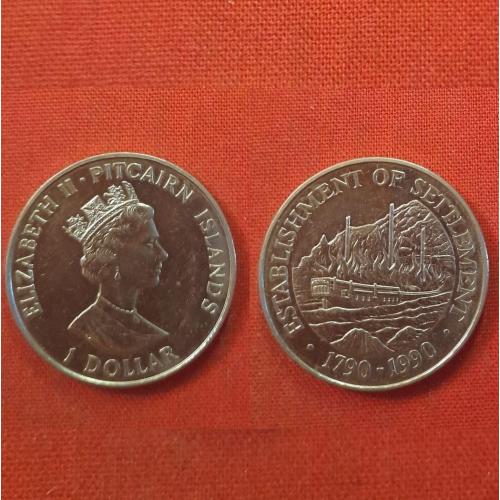 Питкэрн о-ва 1 доллар 1990г.38,5мм,Питкерн,РITCAIRN ISLANDS,Bounty в огне,200-е создания поселения