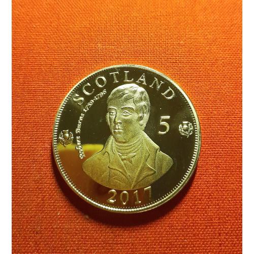 Шотландия 5 риалов 2017г. UNC, 40мм, Robert Burns капсула редкие