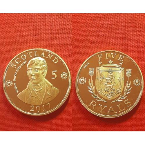 Шотландия 5 риалов 2017г. UNC, 40мм, Robert Burns капсула редкие