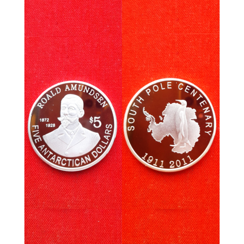 Южный полюс 5 антарктических долларов 2011г.Roald Amundsen UNC, 40мм капсула редкие