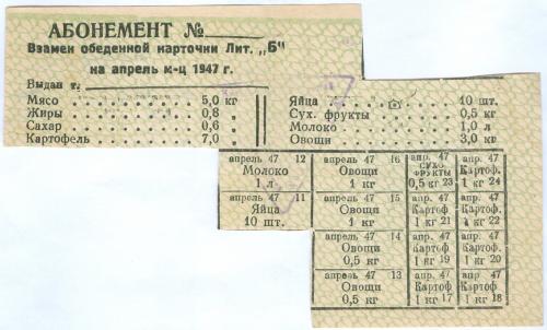 Абонемент взамен обеденной карточки Лит. Б Апрель 1947 год Продуктовая карточка