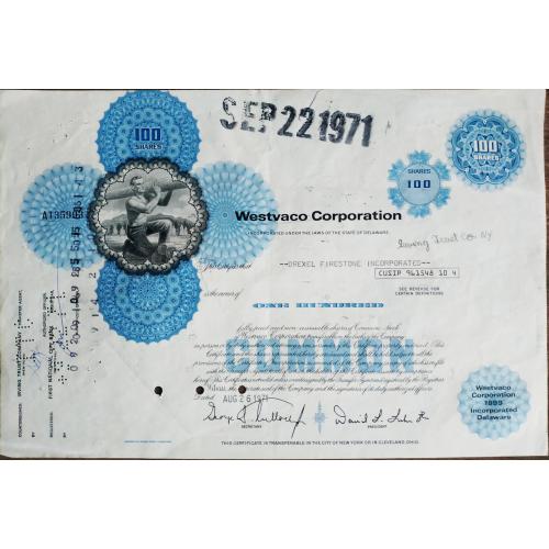Акция США Сертификат на 100 акций 1971 USA Certificate for 100 Share  Westvaco Corporation