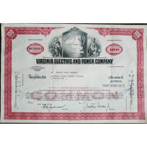 Акция США Сертификат на 100 акций 1973 Certificate for 100 Share Virginia electric and power company