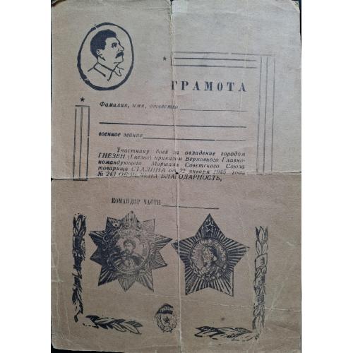 Грамота Благодарность Участнику боев за город Гнезен Гнезно 22 января 1945 Сталин Орден Суворова 